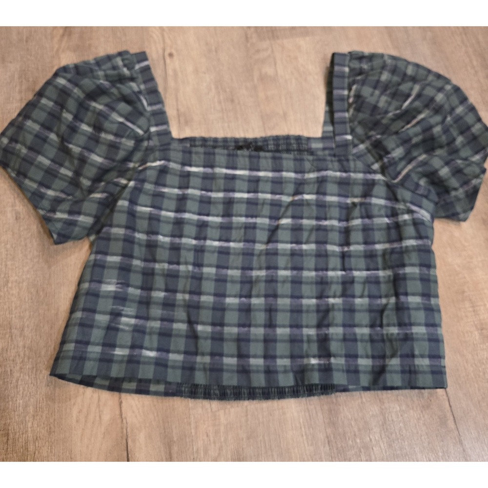 Madewell Hopewell Puff-Sleeve Crop Top Women Green Blue Plaid Blouse Size Large